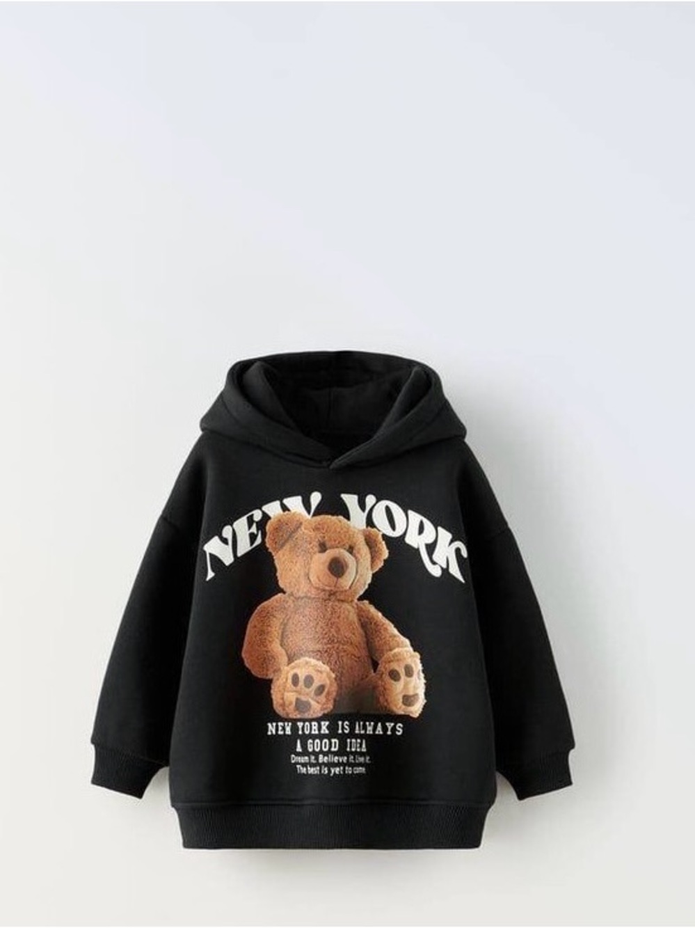 Zara Black Hoodie with Brown Teddy Bear "New York" Print